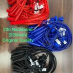 Bulk lot of BT235 Bluetooth neckbands with 220mAh battery in red, blue, and black.