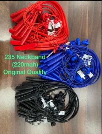 Bulk lot of BT235 Bluetooth neckbands with 220mAh battery in red, blue, and black.